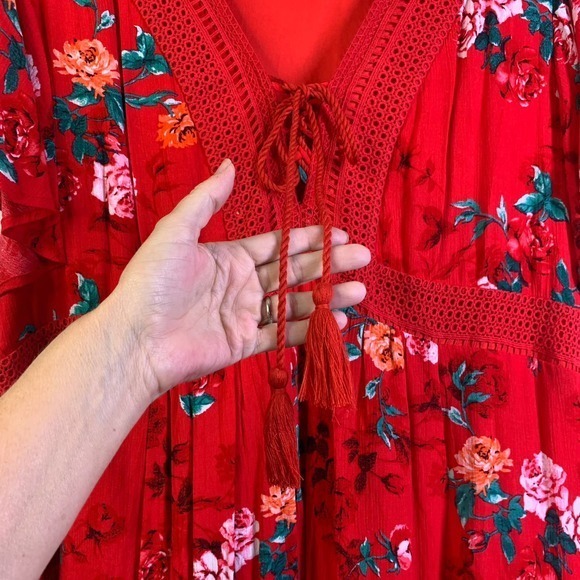 TORRID‎ Red Floral Gauze Lace-Up Skater Dress - Picture 8 of 16